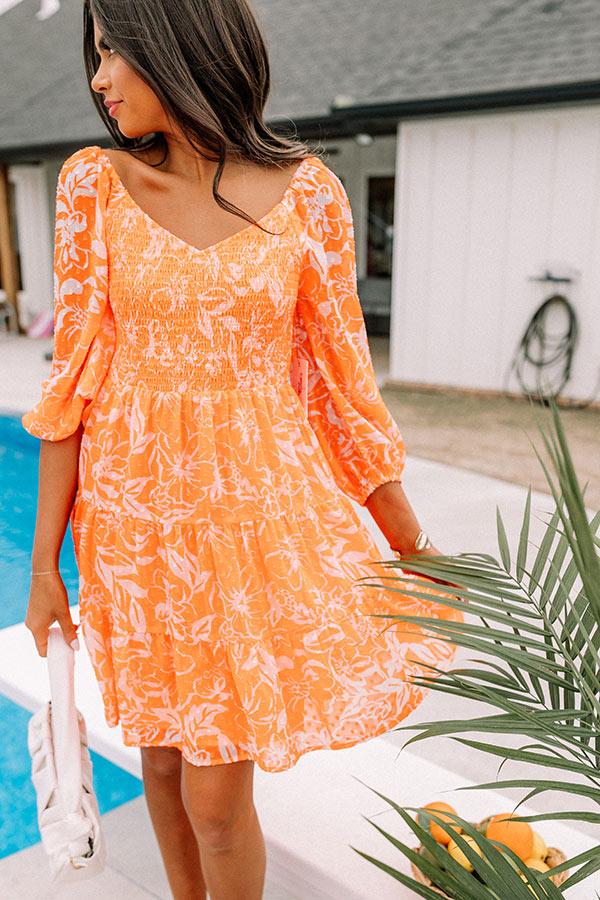 Impressions Coastal Caravan Smocked Dress In Neon Orange