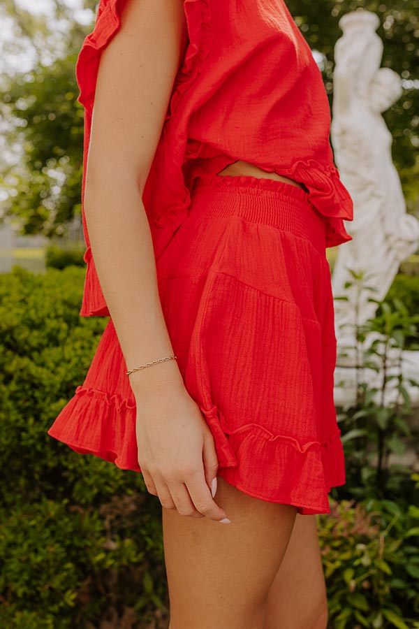 Impressions Coastal Muse Gauze High Waist Ruffle Shorts In Red