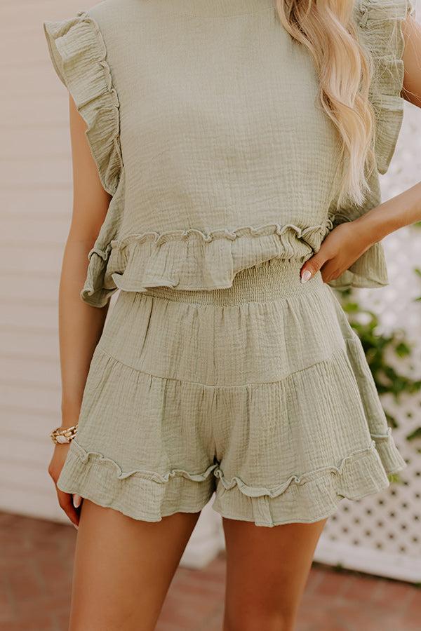 Impressions Coastal Muse Gauze High Waist Ruffle Shorts In Sage