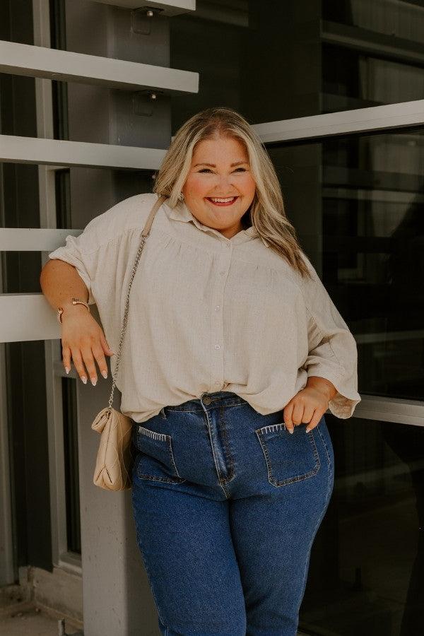 Impressions Coastal Town Linen-Blend Button Up Curves