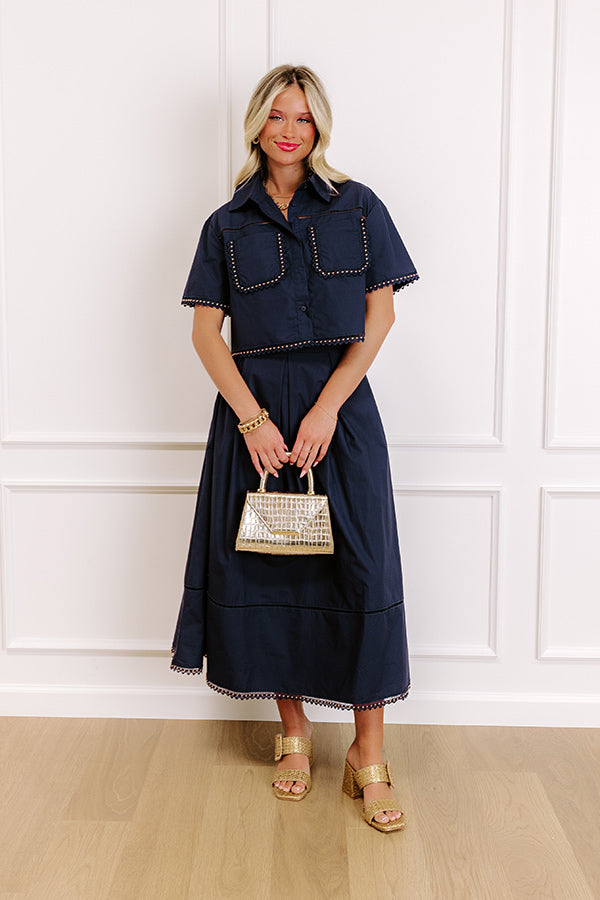 Impressions Courtyard Brunch Embellished Crop Top In Navy