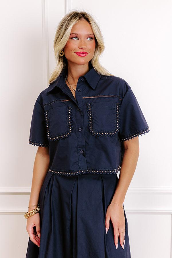 Impressions Courtyard Brunch Embellished Crop Top in Navy