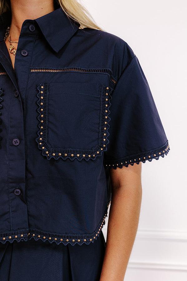 Impressions Courtyard Brunch Embellished Crop Top In Navy