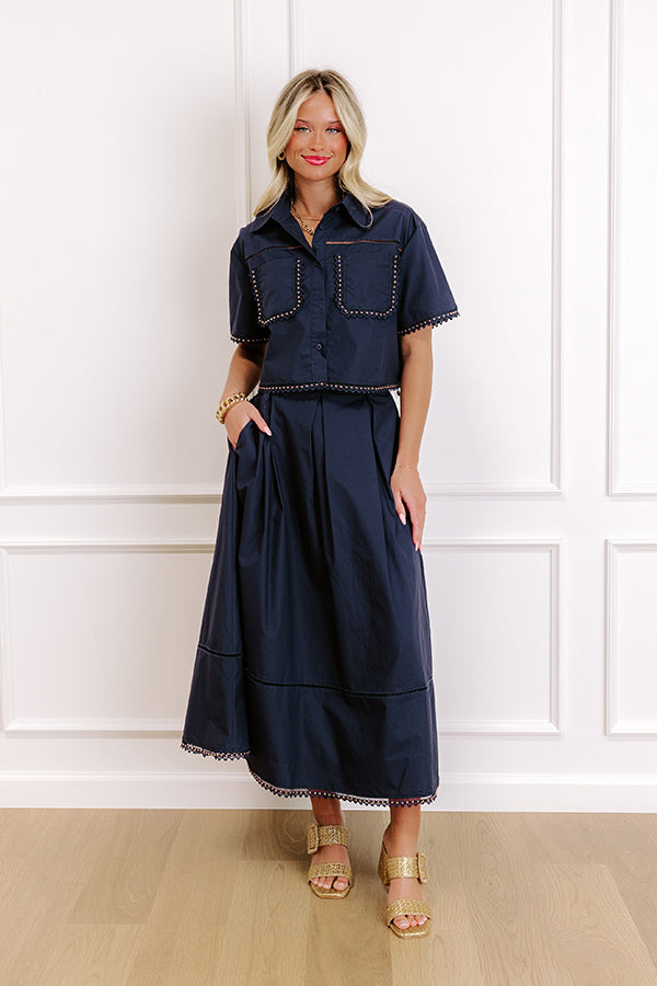 Impressions Courtyard Brunch High Waist Midi Skirt in Navy