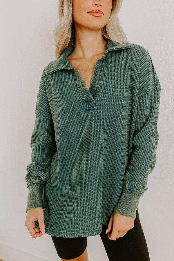 Impressions Cozy Cues Waffle Knit Top In Hunter Green