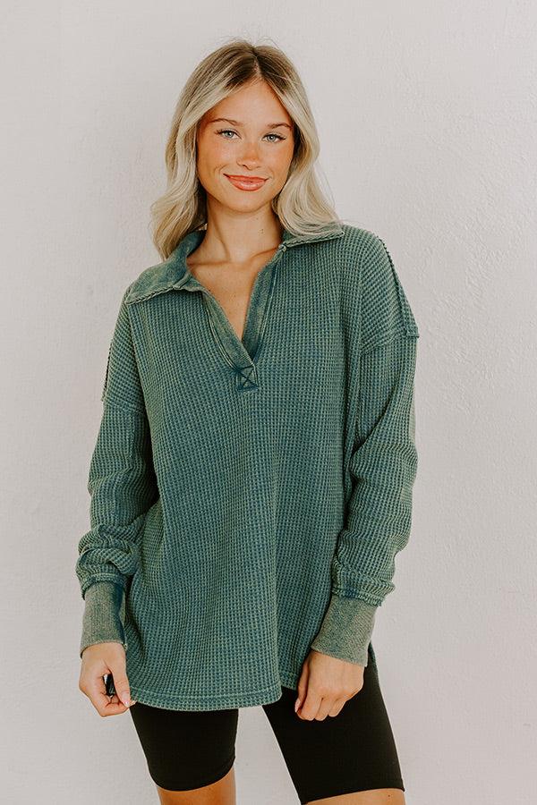 Impressions Cozy Cues Waffle Knit Top In Hunter Green