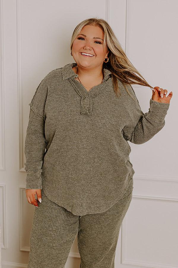 Impressions Cozy Haven Vintage Wash Knit Top In Olive Curves