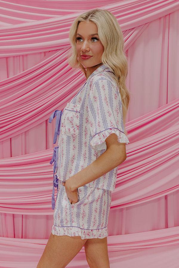 Impressions Cozy Tea Time Floral Satin Pajama Top In Lavender