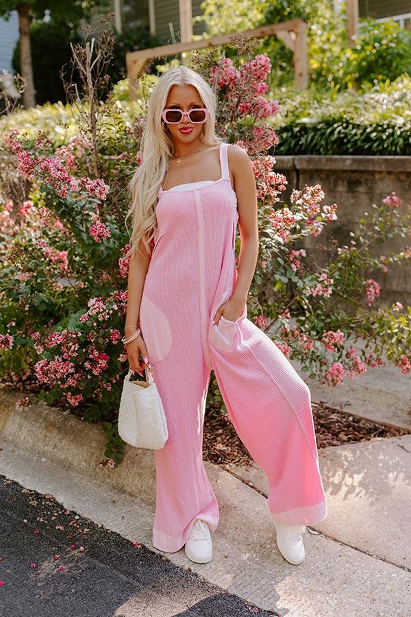 Impressions Cue The Charm Wide Leg Waffle Knit Jumpsuit In Pink