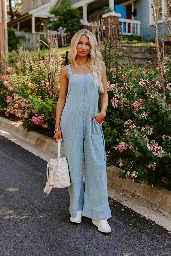 Impressions Cue The Charm Wide Leg Waffle Knit Jumpsuit in Sky Blue