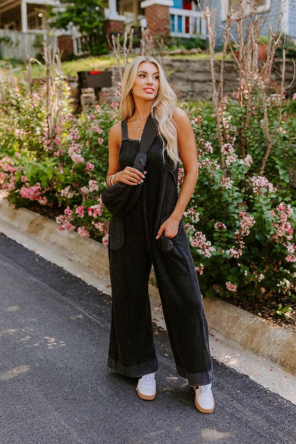 Impressions Cue The Charm Wide Leg Waffle Knit Jumpsuit in Vintage Black
