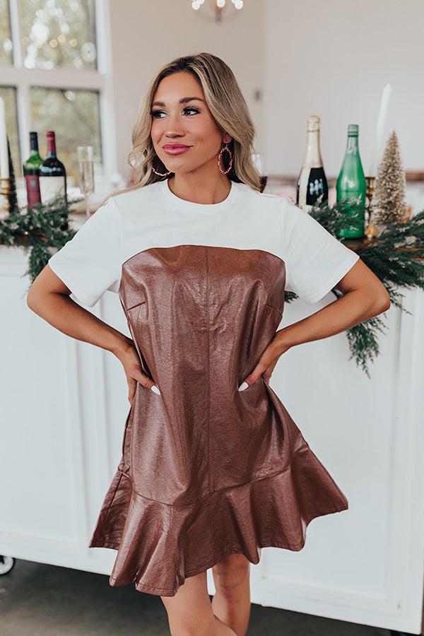 Impressions Dare To Dream Faux Leather Mini Dress In Brown