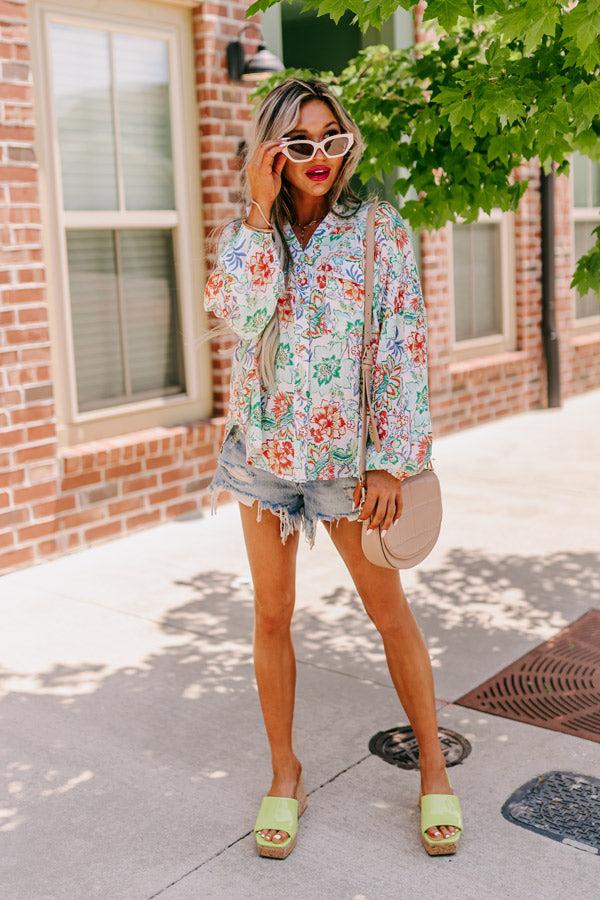 Impressions Editor In Chic Floral Button Up In Aqua