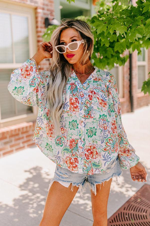 Impressions Editor In Chic Floral Button Up In Aqua