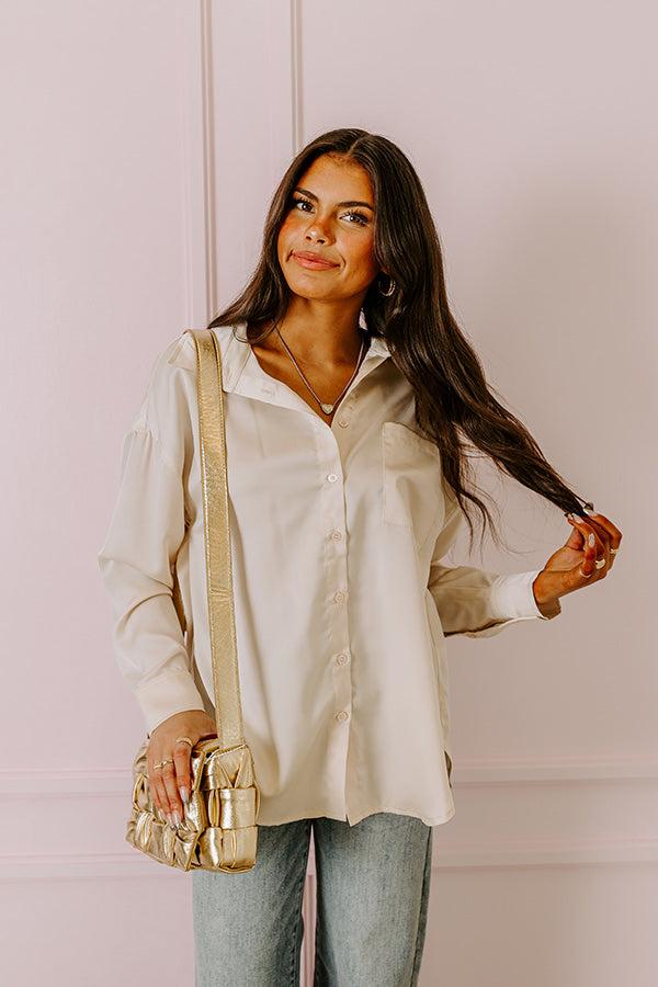 Impressions Elite Elegance Satin Button Up In Cream