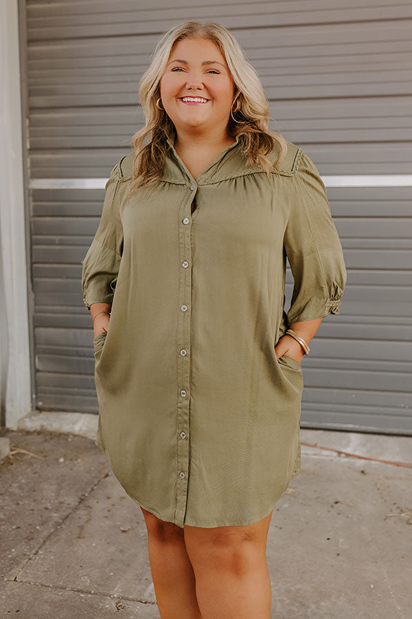 Impressions Falling Leaves Button Down Mini Dress In Olive Curves