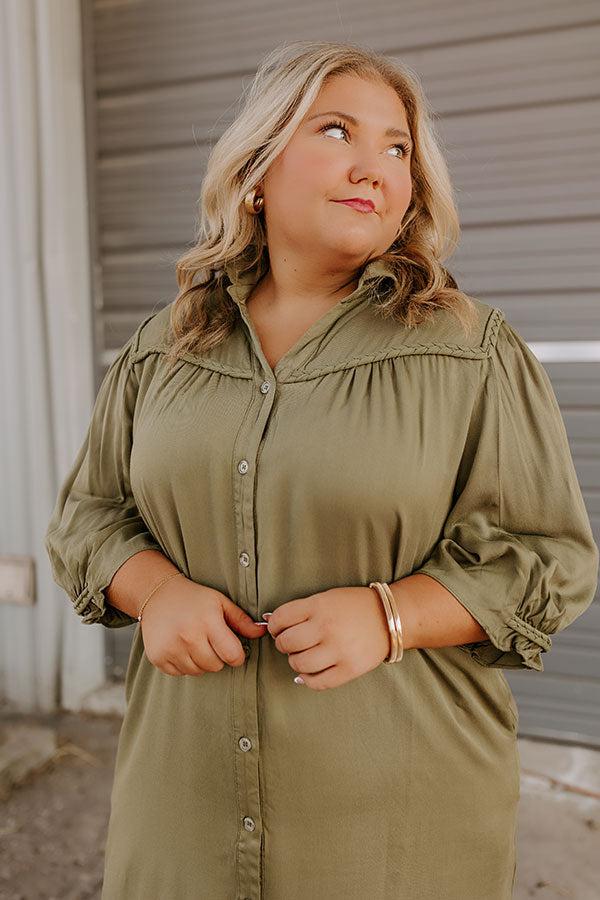 Impressions Falling Leaves Button Down Mini Dress In Olive Curves