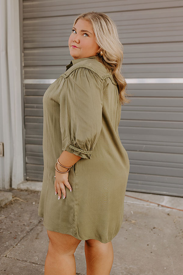 Impressions Falling Leaves Button Down Mini Dress In Olive Curves