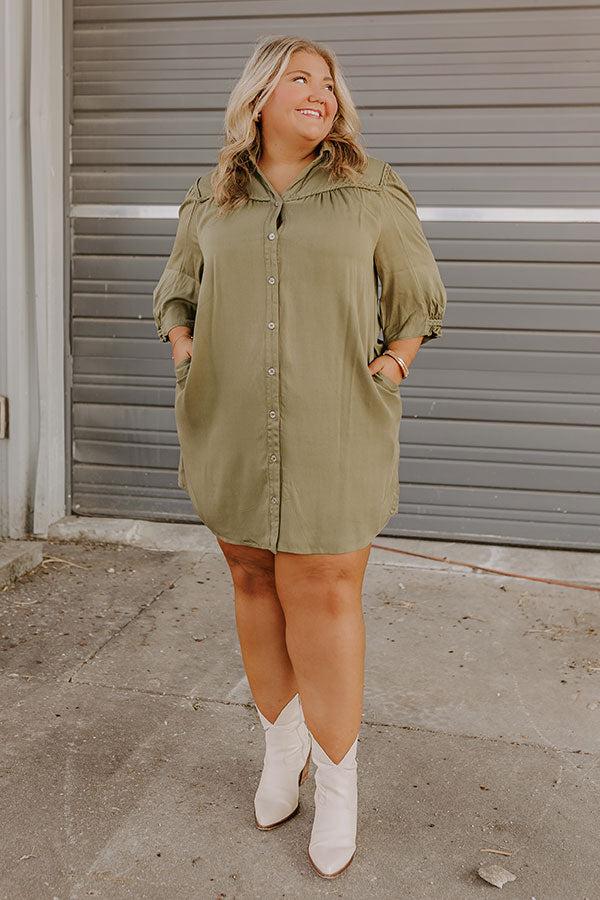 Impressions Falling Leaves Button Down Mini Dress in Olive Curves