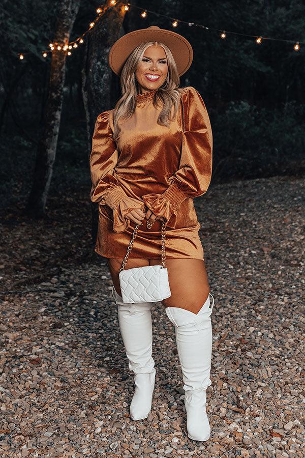 Impressions Fashionably Late Velvet Mini Dress In Camel Curves