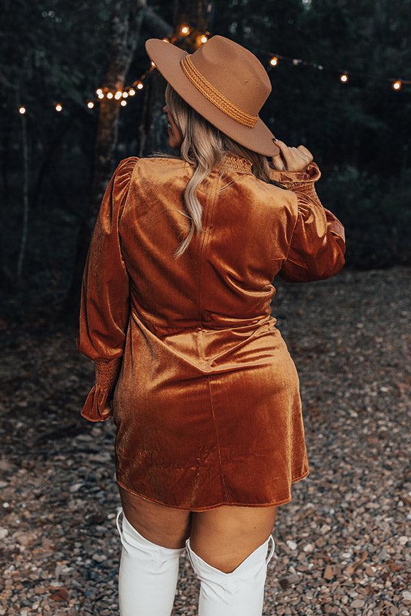 Impressions Fashionably Late Velvet Mini Dress In Camel Curves