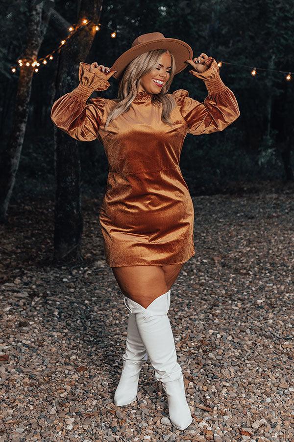 Impressions Fashionably Late Velvet Mini Dress In Camel Curves