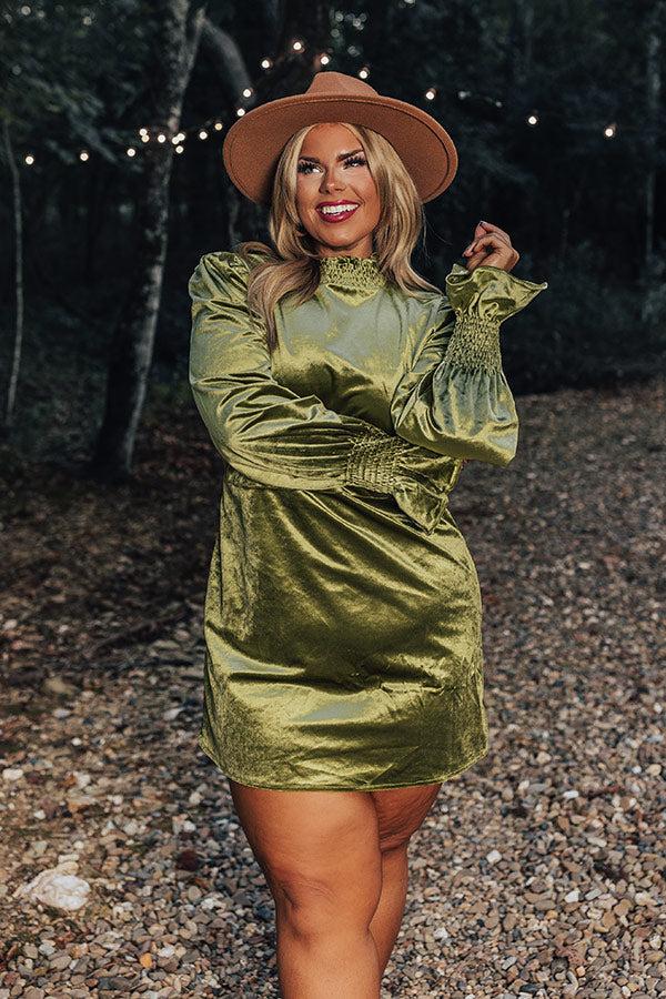 Impressions Fashionably Late Velvet Mini Dress In Olive Curves