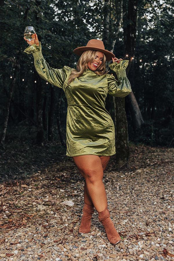 Impressions Fashionably Late Velvet Mini Dress In Olive Curves
