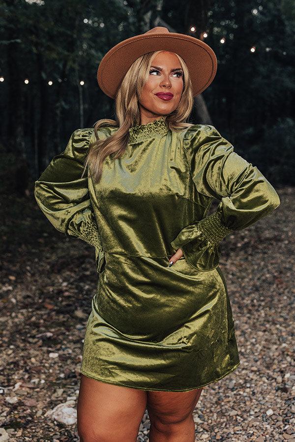 Impressions Fashionably Late Velvet Mini Dress In Olive Curves