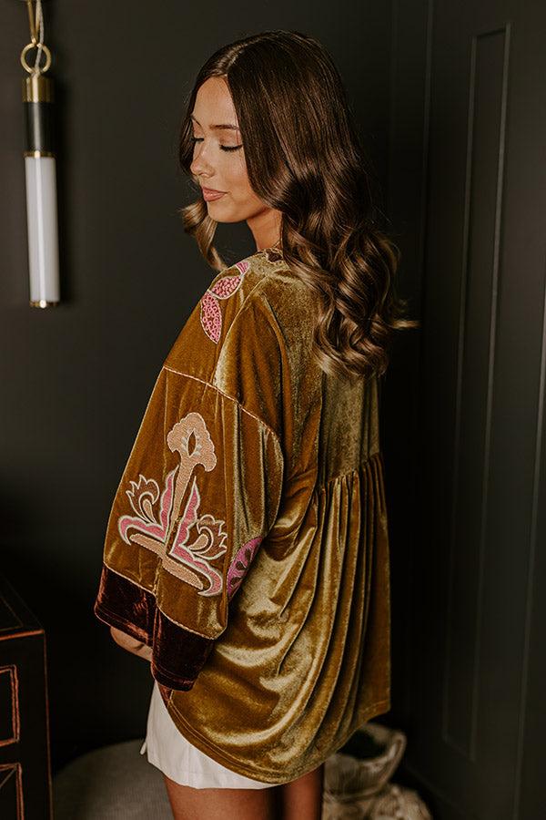 Impressions Feeling Boho Embroidered Velvet Top In Mustard