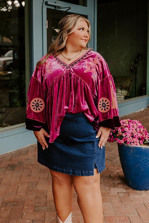 Impressions Feeling Boho Embroidered Velvet Top In Orchid Curves