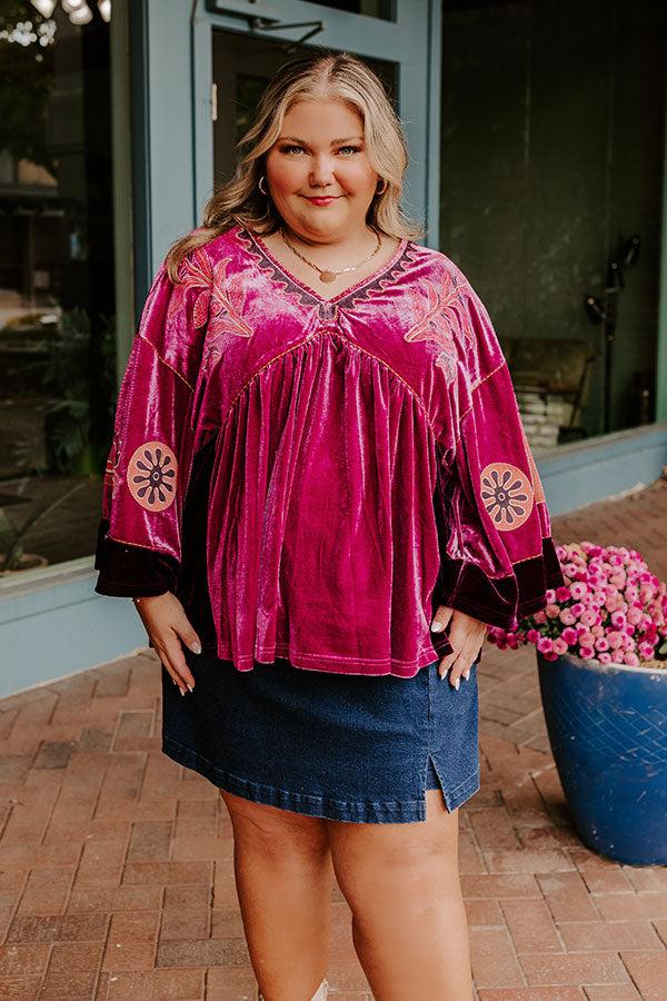 Impressions Feeling Boho Embroidered Velvet Top in Orchid Curves