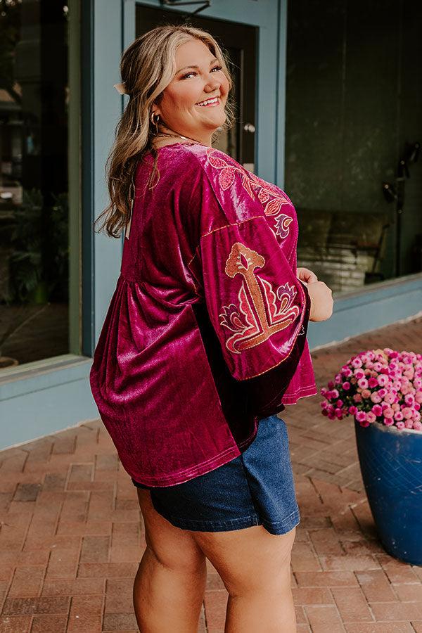 Impressions Feeling Boho Embroidered Velvet Top In Orchid Curves