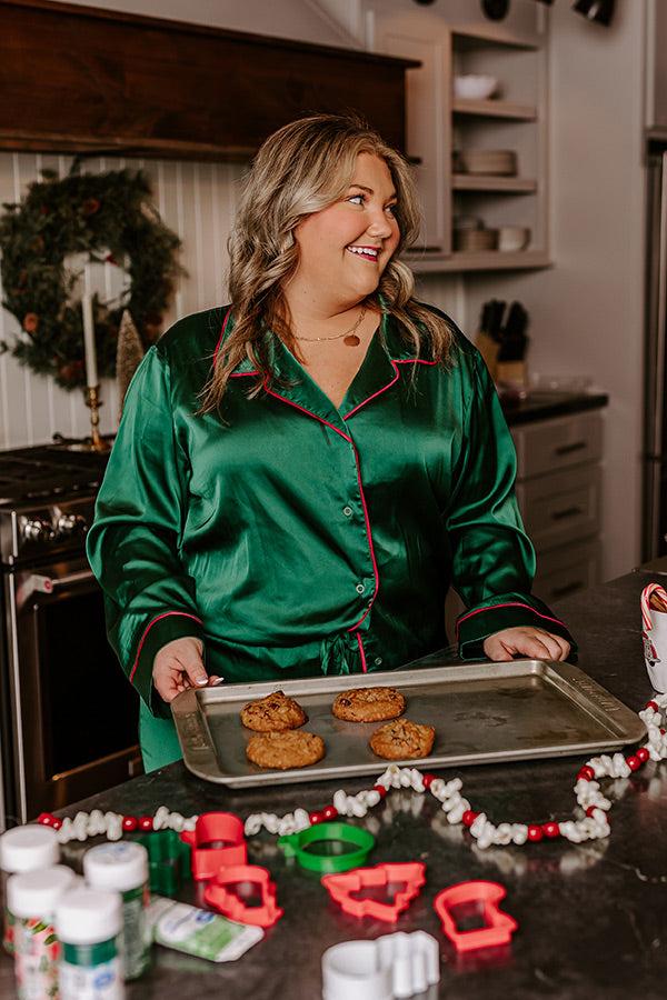 Impressions Feeling Luxurious Satin Pajama Top in Hunter Green Curves