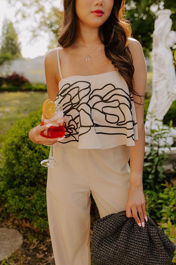 Impressions First Class Chic Embroidered Crop Top In Iced Latte