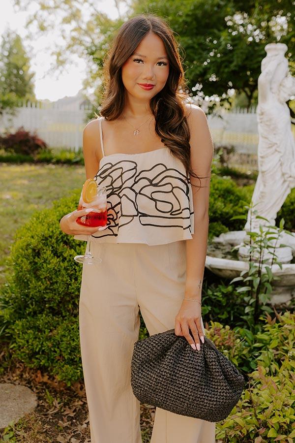Impressions First Class Chic Embroidered Crop Top In Iced Latte