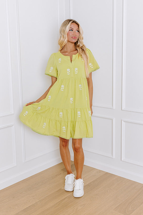 Impressions French Farmhouse Embroidered Mini Dress in Lime Punch