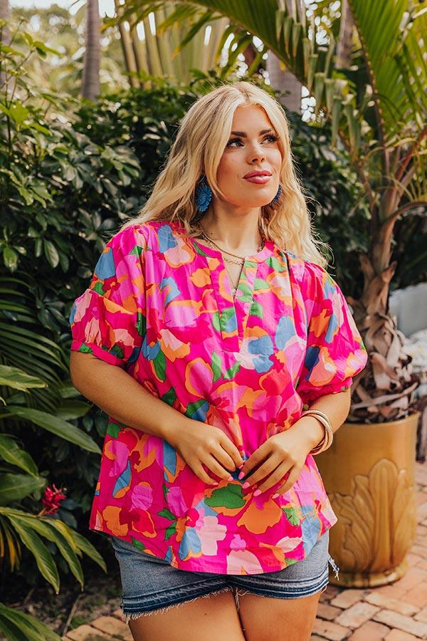 Impressions French Riviera Floral Shift Top In Hot Pink Curves