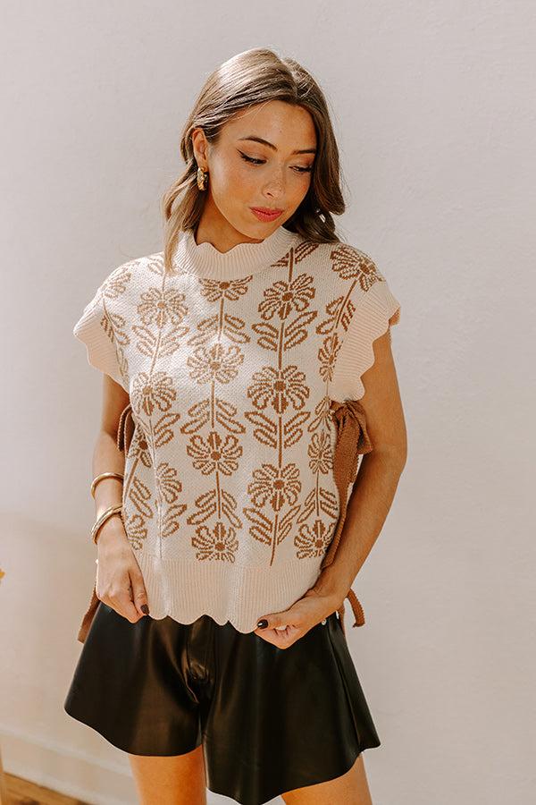Impressions Front Porch Sippin' Floral Sweater Top In Mocha