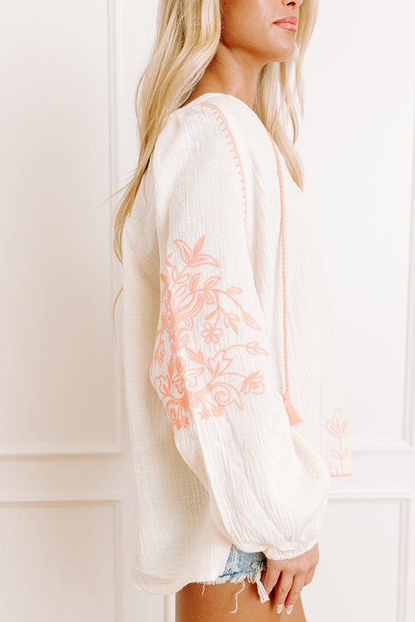 Impressions Gardenia Charm Floral Embroidered Top In Cream