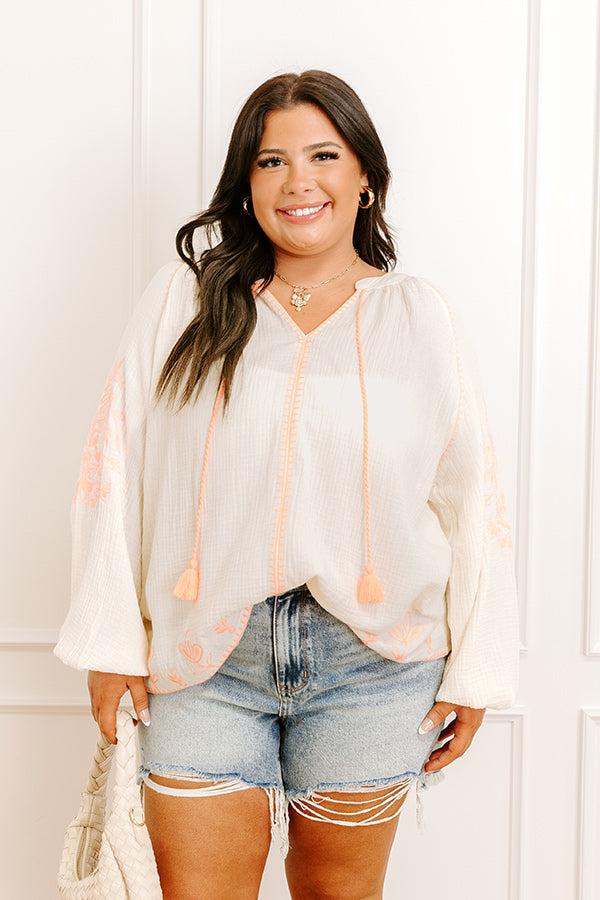 Impressions Gardenia Charm Floral Embroidered Top in Cream Curves