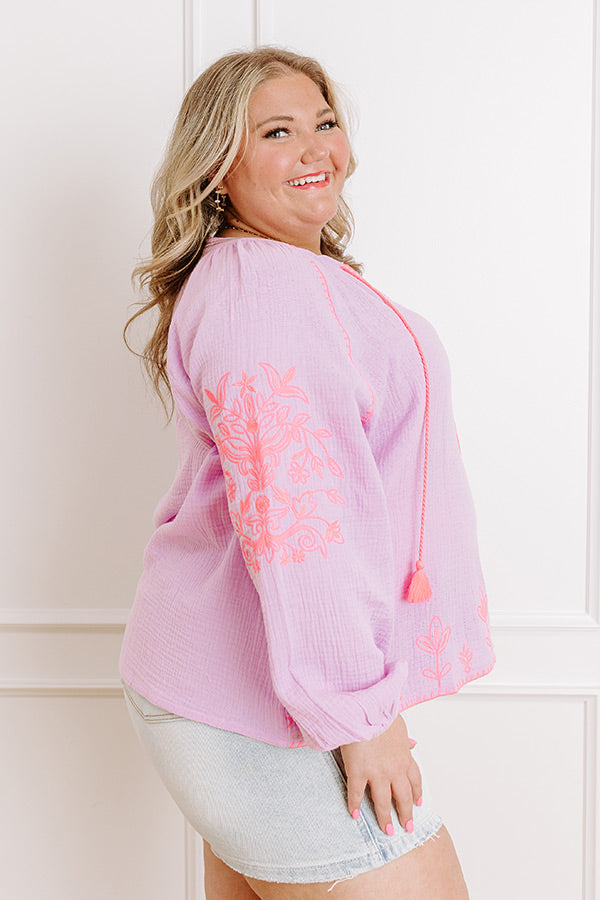 Impressions Gardenia Charm Floral Embroidered Top In Dusty Purple Curves