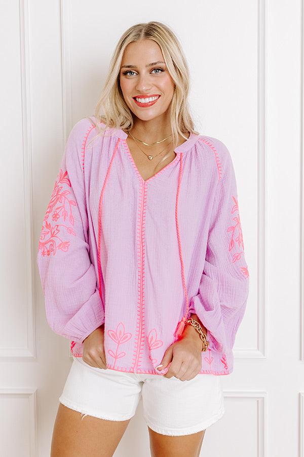 Impressions Gardenia Charm Floral Embroidered Top In Dusty Purple