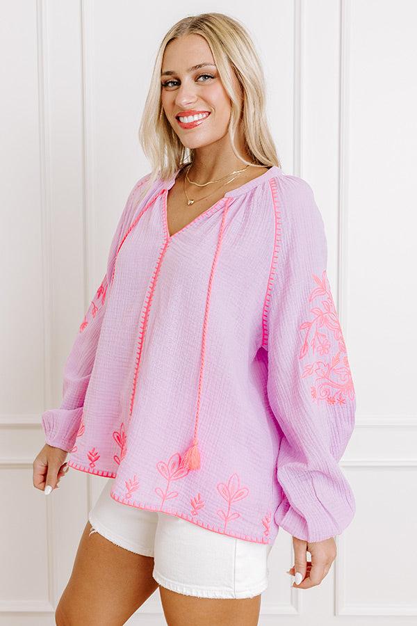 Impressions Gardenia Charm Floral Embroidered Top In Dusty Purple