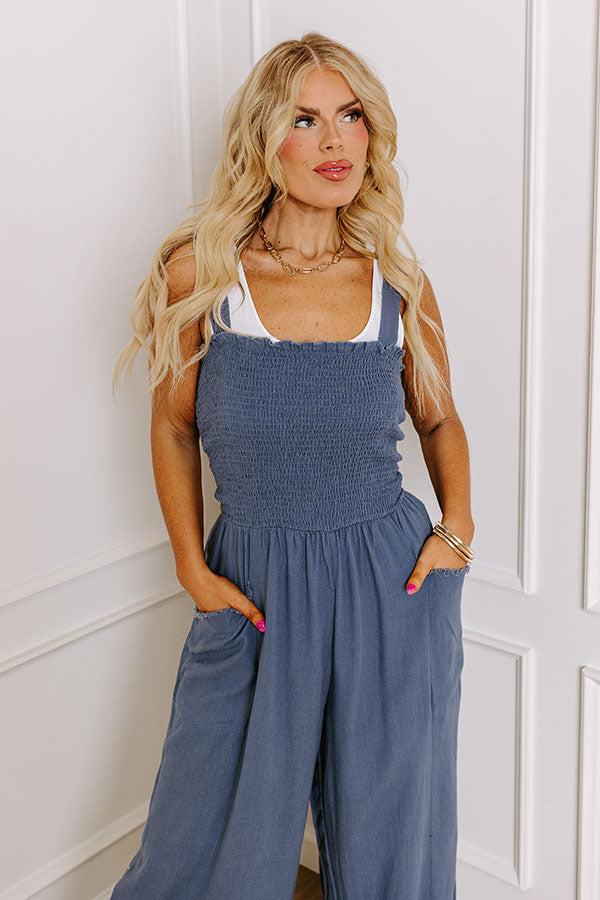 Impressions Gather The Courage Smocked Jumpsuit In Blue Curves