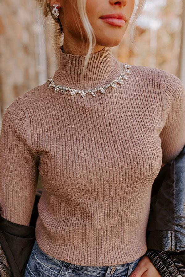Impressions Glam Feeling Rhinestone Embellished Knit Top In Taupe
