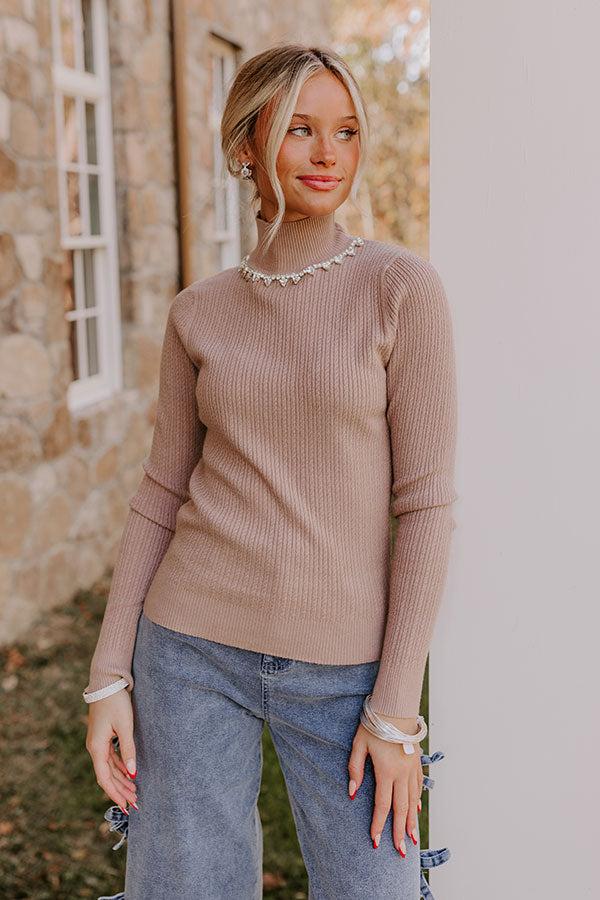 Impressions Glam Feeling Rhinestone Embellished Knit Top In Taupe