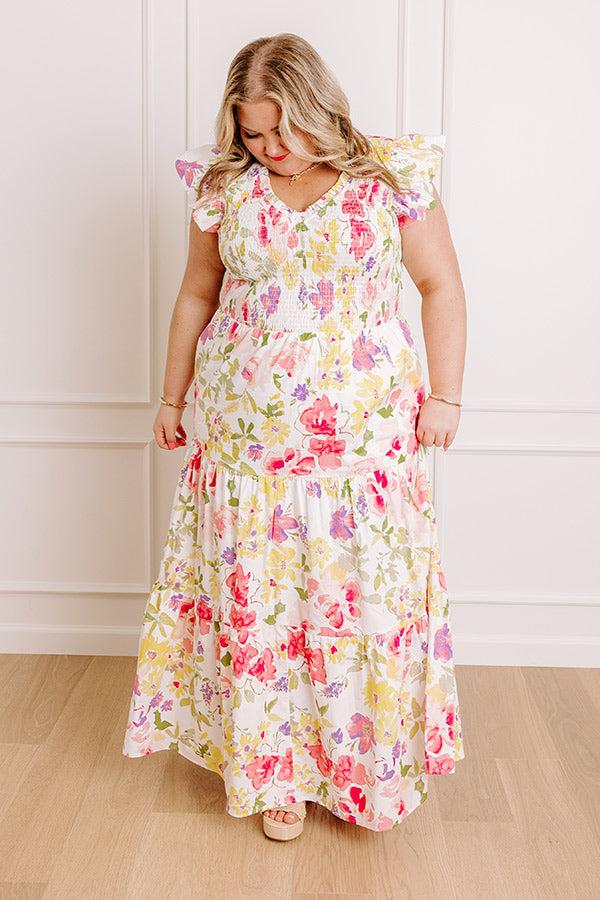 Impressions Gleaming Smile Floral Smocked Midi Dress In Blush Curves