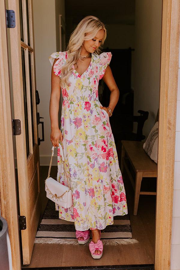 Impressions Gleaming Smile Floral Smocked Midi Dress In Blush