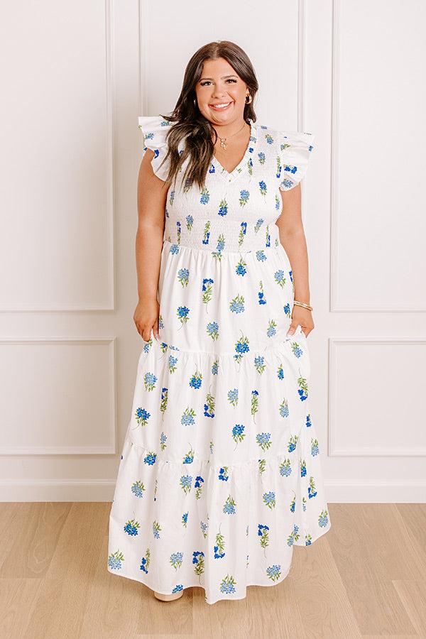 Impressions Gleaming Smile Floral Smocked Midi Dress in White Curves